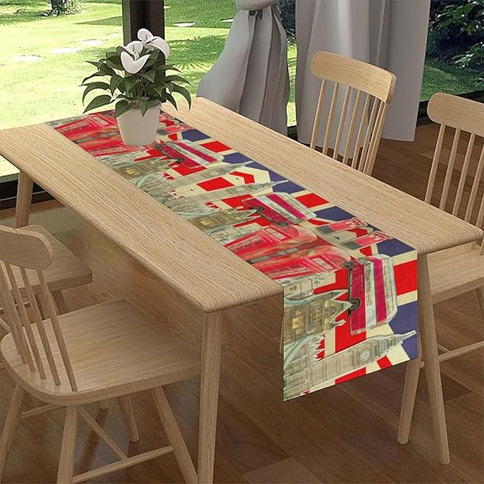 British Table Runner, Seasonal Vintage Buildings England London Culture Element Coffee Table Center Decor for Home Kitchen Dining Patio Holiday Party Table Decorations 13x36 inches