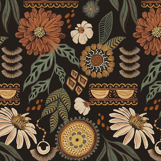 JiffDiff Boho Peel and Stick Wallpaper Vintage Floral Wall Paper Removable Sun Flower Contact Paper Bathroom Bedroom Renter Friendly Wall Mural 17.3" x 800"