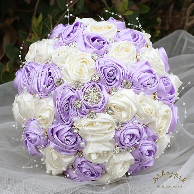 Bridal Wedding Bouquet Round Bling Brooch Bouquet Throw Toss Artificial Rose Flower Bunch for Bride Bridesmaid Wedding Quinceanera(Light Purple & Ivory, 9.8")