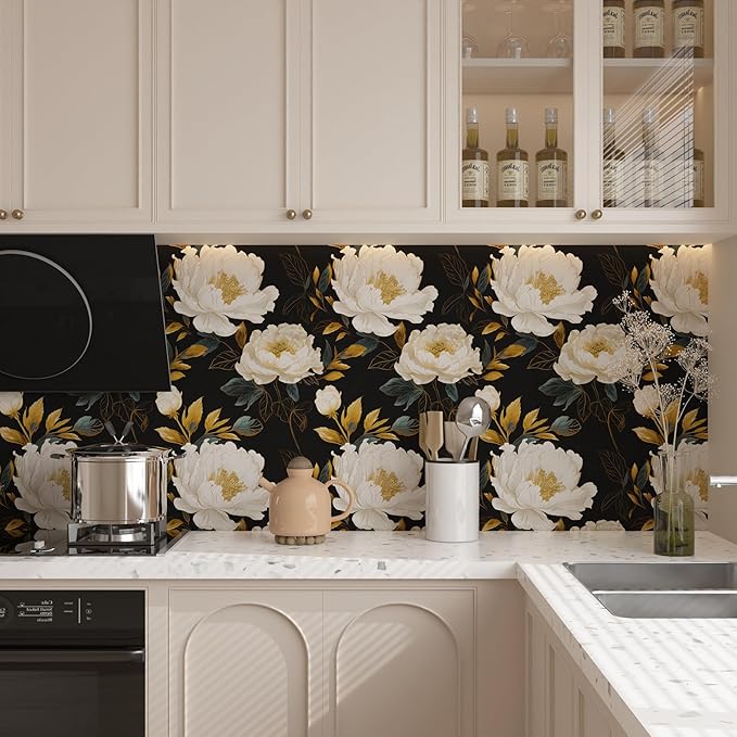 Vintage Dark Floral Wallpaper Peel and Stick, White Peony Flower with Gold Leaf Removable Contact Paper for Bedroom Cabinet Drawer, Boho Botanical Wall Decor Black White Gold 17.5" x 118"