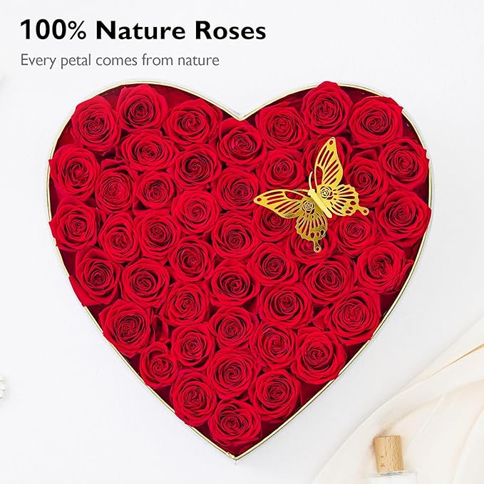 Eterfield 47 Forever Flowers in Heart Shape Box, Preserved Roses That Last a Year Preserved Flowers Birthday Gifts for Her Mom Women Wife Anniversary Valentines Day Mothers Day Christmas, Red