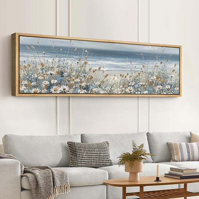 SIGNFORD Large Framed Canvas Print Wall Art Coastal Wildflowers Beach Meadow Landscape in Soft Blue and Beige Tones Illustrations Modern Art Relax/Calm Warm for Living Room, Bedroom, Office - 60"x20"