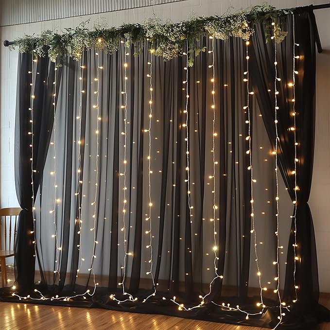 20ft x 10ft Black Backdrop Curtain with Lights String for Parties, Sheer Tulle Wedding Photo Backdrops Drapes for Baby Shower Birthday Party Decorations Background for Photography