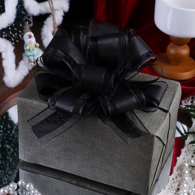 12 Pieces Black Pull Bow Wrapping Pull Bow Ribbon Pull Bows for Wedding Baskets,6 Inches Diameter Gift Bows, Large Bows for Presents.