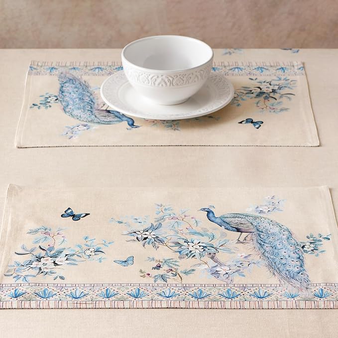 Maison d' Hermine Placemats 100% Combed Cotton Premium Set of 4 Decorative Table Cloth Placemat, Dining, Holidays, Buffet Party - Peacock Utopia - Sandy Beach (13 Inch x 19 Inch)