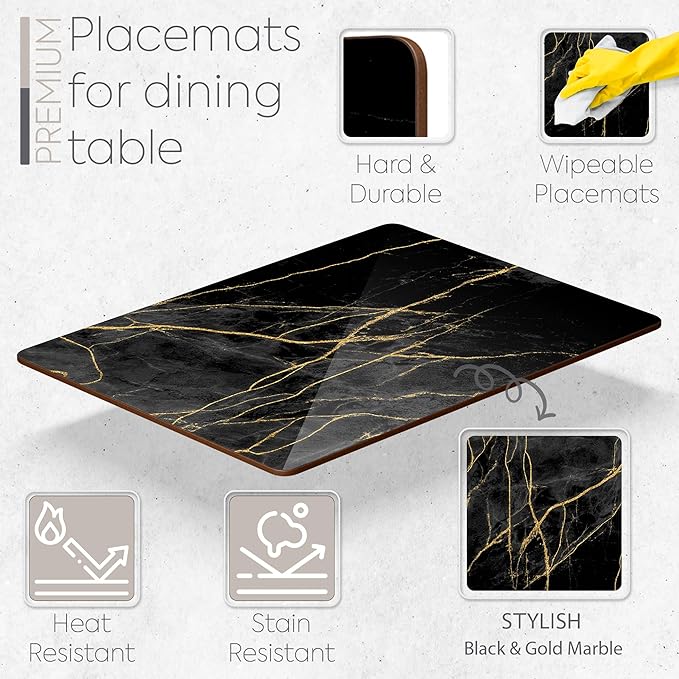 Set of 4 Heat Resistant Cork Placemats for Dining Table with Free Set of 4 Matching Drink Coasters Marble Design 16 x 12 Inches Cork Backed Hard Placemats (Black & Gold)