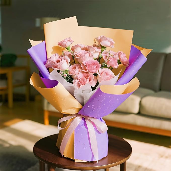 WRAPAHOLIC 20 Sheets Flower Wrapping Paper - 22.4 x 22.4 inch Yellow Purple Color Water-Resistant Floral Bouquet Wrapping Paper, Florist Supplies Packaging for Wedding Birthday Gift DIY