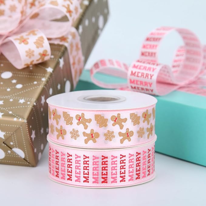 Gingerbread Ribbon 7/8 Inch 20 Yards Pink Merry Christmas Candy Cane Craft Ribbon for Gift Wrapping Wreath Bow DIY Crafts Supplies