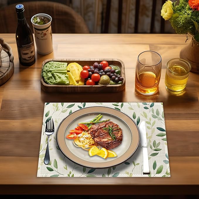 Placemats-Colorful Spring Leaves Linen Table Place Mats Set of 4 Non-Slip Heat Resistant Table Mats for Dining Kitchen Cabin Decor 12x18 Inch