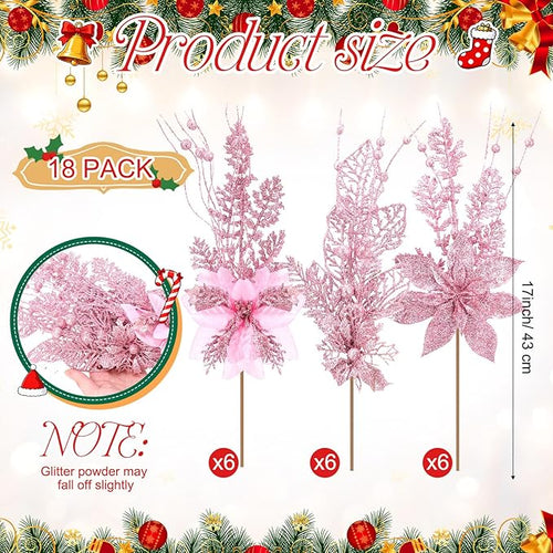 18 Pack 3 Styles 17 Inch Christmas Glitter Poinsettia Berry Stems Ornaments Artificial Floral Branches Picks for Christmas Tree Home Vase Holiday Party Decor(Pink)
