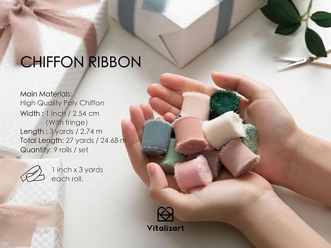 Vitalizart 1" x 27 Yd Chiffon Silk Ribbon Mixed Color Ribbons Set 3 Yd x 9 Rolls Fringe Fabric for Wedding Invitations Bridal Bouquets Party Decoration Gift Wrapping Bow Making