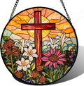 Christian Gifts for Women - Cross Stained Glass Window Hanging Easter Flower Sunset Landscape Sun Catcher Garden Religion Decor Mother's Day Catholic Gift for Men Grandma Mom Her Nana 7.8"