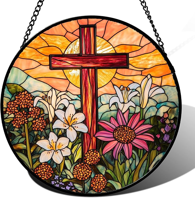 Christian Gifts for Women - Cross Stained Glass Window Hanging Easter Flower Sunset Landscape Sun Catcher Garden Religion Decor Mother's Day Catholic Gift for Men Grandma Mom Her Nana 15"