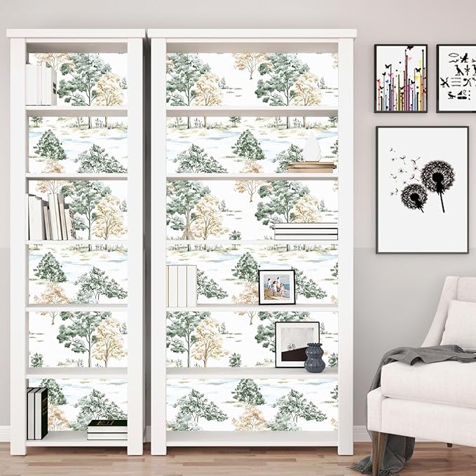 Trees Wallpaper Peel and Stick, White/Green/Yellow Forest Contact Paper, Modern Botanical Landscape Woodland Wall Paper Self Adhesive Waterproof Removable for Shelves Cabinet Drawer Table 17.5" x 118"
