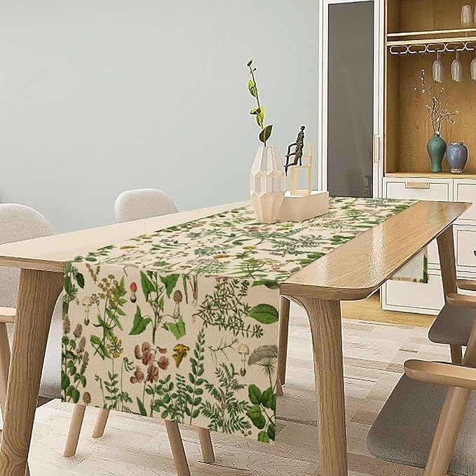 Vintage Botanical Mushroom Table Runner Wild Floral Retro Boho Plants Herbs Ferns Dinner Runner for Farmhouse Cabin Home Kitchen Dining Holiday Party Decor 13x90in