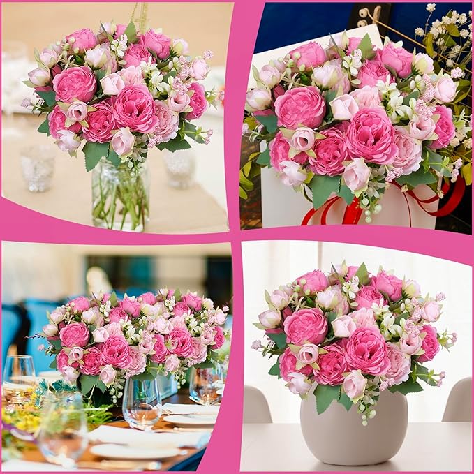6 Pcs Peonies Artificial Flowers Bulk, Blush Pink Silk Peonies Fake Bouquet for Floral Centerpieces, Red Realistic Faux Peony Flower for Flower Arrangements Wedding Decoration vase