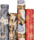 RUSPEPA Christmas Wrapping Paper, Kraft Paper - Dove, Snowflake, Flower, and House - 4 Rolls - 30 inches x 10 feet per Roll
