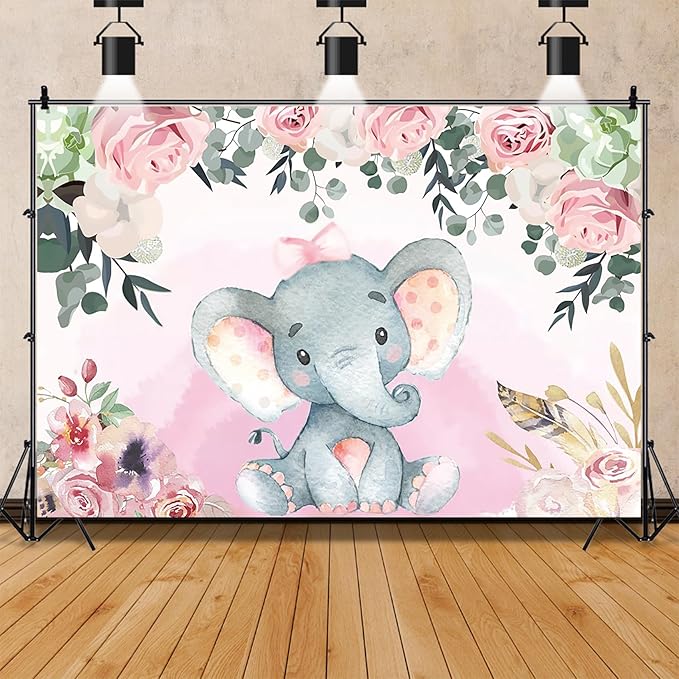 AOFOTO 15x10ft Pink Flowers Elephant Baby Shower Backdrop for Girl Sweet Floral Gender Reveal Background for Photography Kids Infant Birthday Party Banner Cake Table Decoration Photo Studio Props