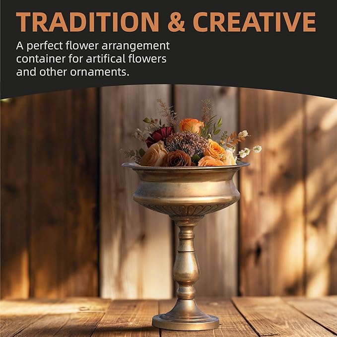 WORTH 15" H. Tall Gold Color Urn Vase for Centerpieces, 11.8" Dia. Classic Metal Trumpet Small Flower Pots for Table, Bowl Vase for Wedding Party Event Home Decor