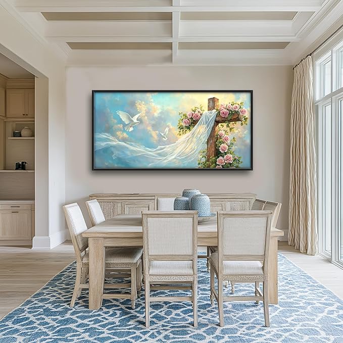 Christian Cross Large Wall Art Religious Faith Hope Pictures Wall Decor Dove Flowers Heaven Canvas Painting Prints Framed Artwork Home Church Decorations for Prayer Bedroom Living Room 60"x30"