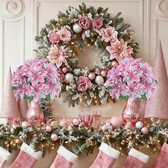 4 Pcs Artificial Poinsettia Flowers Christmas Flowers Ornaments Glitter Faux Flowers 5 Stem Poinsettia Floral with Stem Leaf for Home Party Christmas DIY Craft Holiday Decor（Pink）