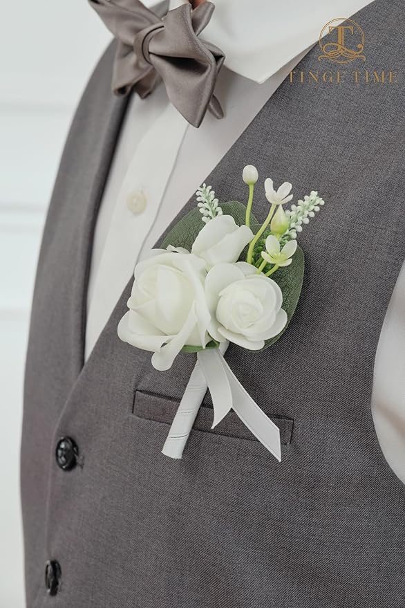 TINGE TIME 2PCS Boutonniere for Men, Groom and Groomsmen Boutonniere for Wedding, Prom, Homecoming, Anniversary, Graduation(White)