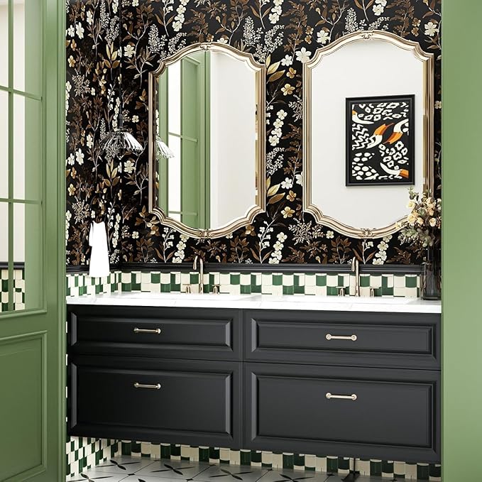 Vintage Leaf Wallpaper Peel and Stick Gold Leaf Contact Paper 17.4" x 393" Black Floral Waterproof Self-Adhesive Wall Covering for Bedroom Countertop Desk Cabinets