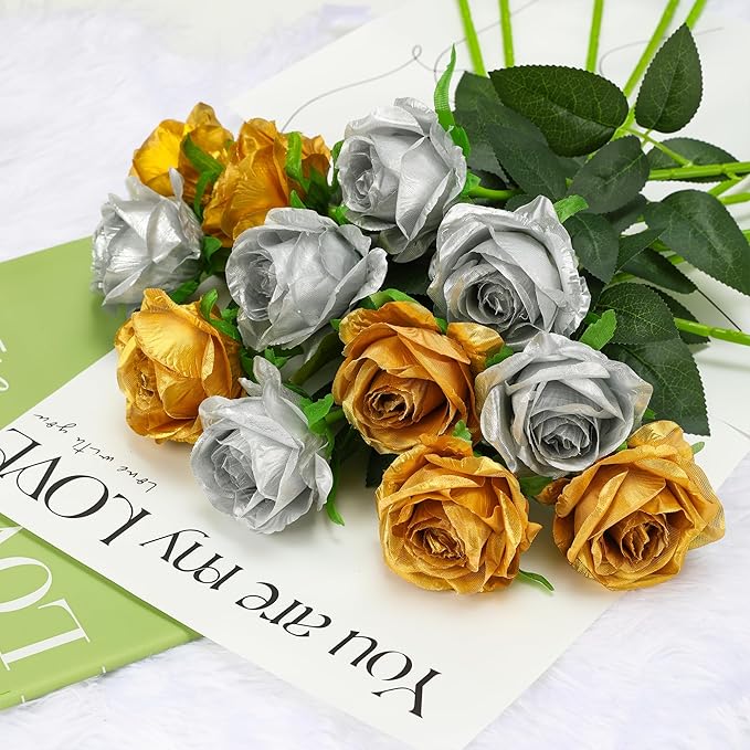 Gold Fake Roses Artificial Flowers - 10 Pcs Fake Artificial Roses Silk Flowers with Stems for Home Wedding Hotel Office Centerpiece Decor