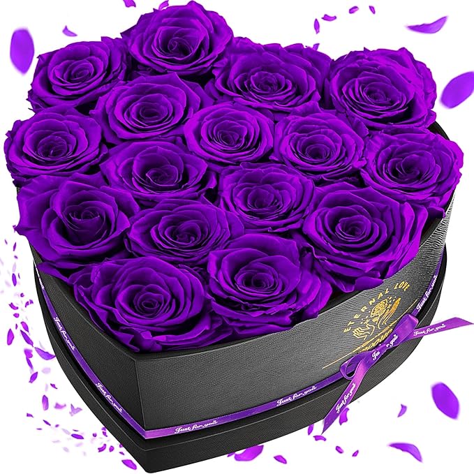 16 Preserved Flower Delivery Prime, Preserved Roses in a Box, Birthday Gifts for Women, Mother's Day, and Valentine's Day-Purple Roses