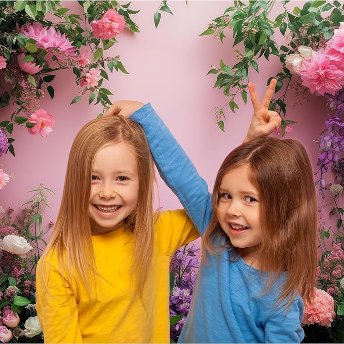 Flowers Photography Backdrop Colorful Flowers Composition Green Leaves on Pink Background for Girls Kids Children Wall Banner Cake Table Decoration Video Studio Photo Portrait Props 15x10ft