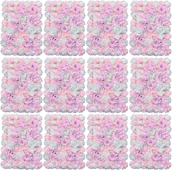 16"x 24" Artificial Flower Wall Panels,Flower Wall Mat Silk Flower Panels for Outdoor Garden Backyard Fence Fence Privacy Screen and Indoor Wall Decor (12Pcs Light Pink+White)