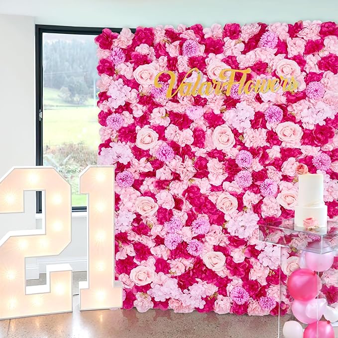 Wedding Backdrop Flower Wall Panels: 24 Packs 15x15 Inches Hot Pink Background - Bridal Shower Party Anniversary Ceremony Decor