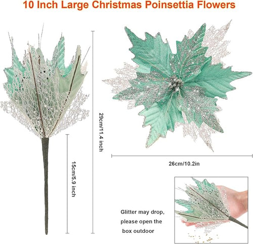 10'' Large Christmas Glitter Poinsettia Flowers Decorations, stadeco 10 Pcs Christmas Tree Picks Ornaments Artificial Flowers with Long Stems for Xmas Tree Wreath Garland Wedding Party DIY Decor