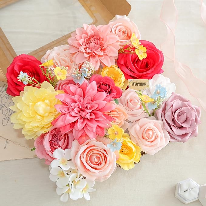 Artificial Flower Box Set Pink & Yellow Silk Flowers Rose Faux Flowers for DIY Bouquets Centerpieces Arrangements Table Decor Baby Shower Party Home Decor (Pink & Yellow)