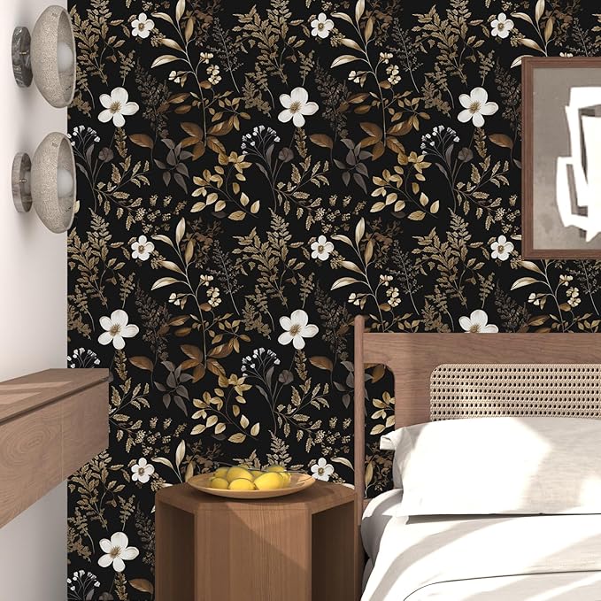 Boho Floral Wallpaper Peel and Stick Black Gold Wallpapers 17.5'' x 393'' Vintage Gold Leaf Contact Paper for Cabinets Waterproof Self Adhesive Removable Wall Paper for Kitchen Table Countertop Walls