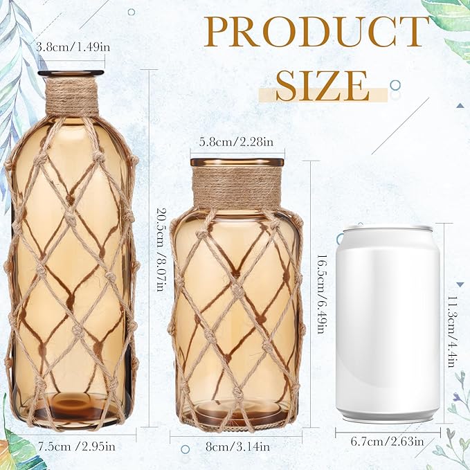 Chuangdi Set of 2 Coastal Glass Vases for Flower Small Flower Vase with Boho Rope Wrapping Beach Decorative Bottle for Coastal Nautical Table Centerpiece Wedding Floral Arrangement Decor(Light Brown)