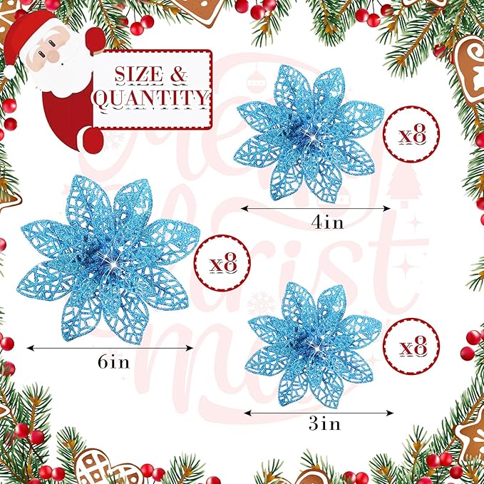 Boao Lake Blue 24 Pieces Poinsettia Flower Christmas Glitter Artificial Poinsettia with Clips Christmas Tree Ornament Decorations for DIY Xmas Wreath Holiday Home Party Decor, 3/4/6 Inches