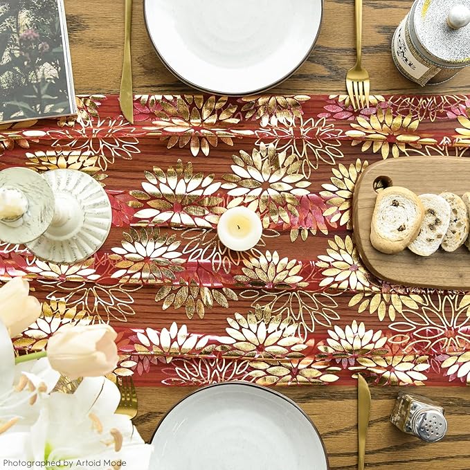 Artoid Mode Red Gold Dahlia Flower Gauze Table Runner 120 Inch 10FT, Glitter Metallic Foil Seasonal Sheer Dining Holiday Table Decor for Home Party