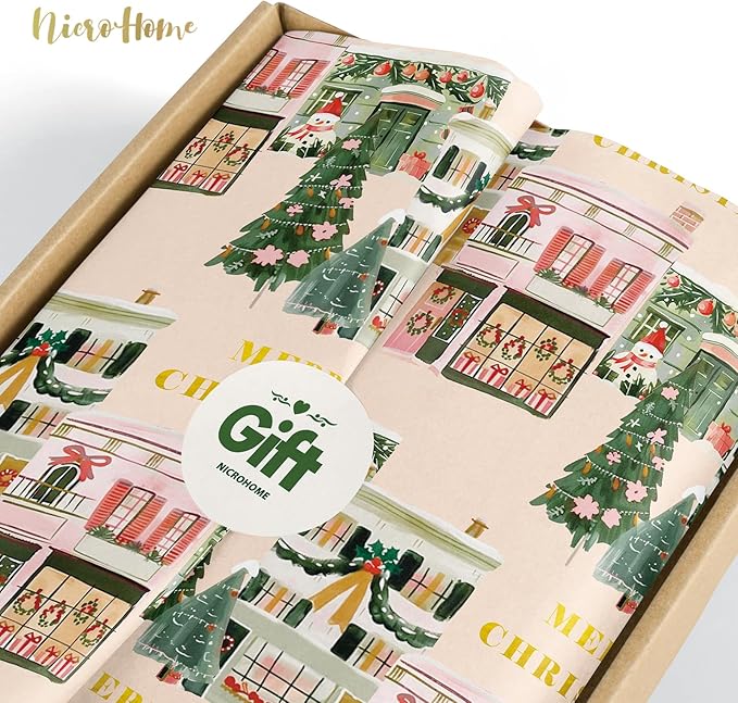 NICROHOME EUR 24 Sheets Christmas Tissue Paper, Sage Green Pink Tissue Wrapping Paper with Christmas Tree House Snowman Socks Pattern, Small Gifts Wrapping Paper for Xmas Crafts Gifts (15 X 20 Inch)