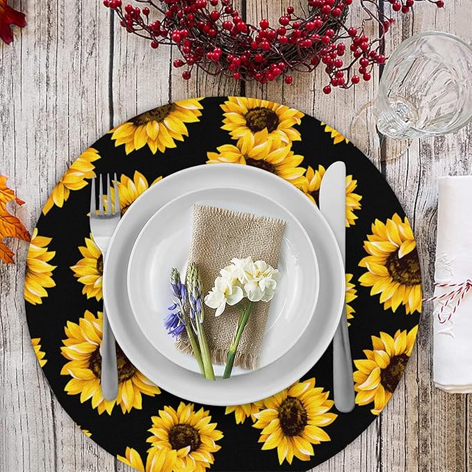 Flower Round Placemat Set of 4 Elegant Linen Table Mats for Dining, Heat Resistant, Stain Resistant Perfect for Dinner Parties, Restaurants, and Everyday Use