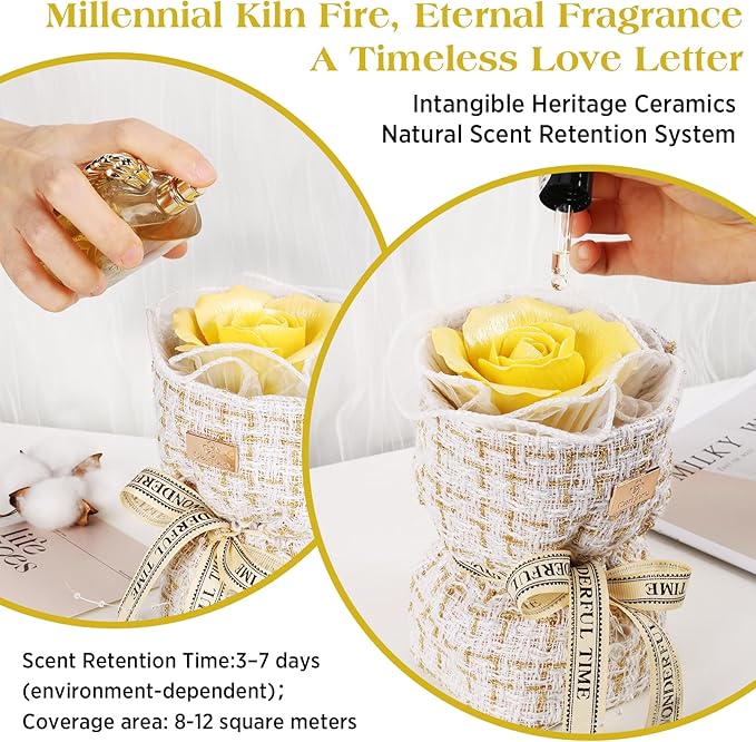 Eternal Love Ceramic Flower Bouquet - Handmade Yellow Ceramic Blossoms with Fragrance, The Perfect Luxury Gift Box for Her Anniversary/Birthday/Mother’s Day/Christmas, Includes Greeting Card