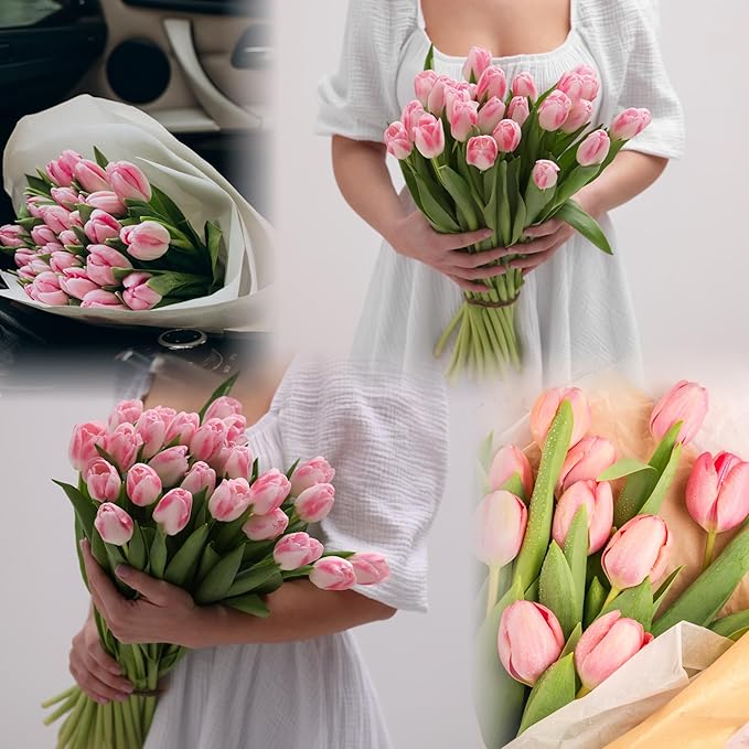 Sggvecsy 30 Pcs Fake Tulips Artificial Flowers Real Touch PU Faux Flowers Tulip Stems for Wedding Spring Bouquet Floral Arrangement Home Party Office Decorations for Mother's Day (Light Pink)