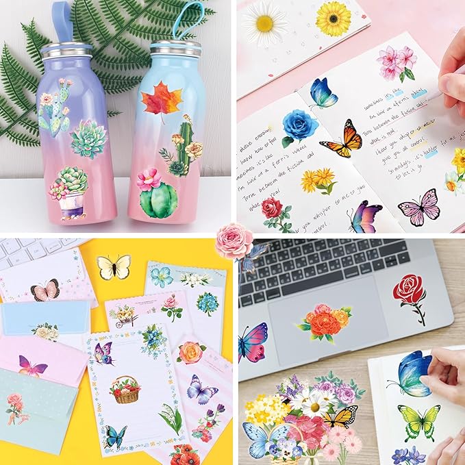 200Pcs Transparent Flower Butterfly Stickers, Aesthetic Nature Floral Decals for Girls Kids Teens Adults, Waterproof Sticker for Water Bottle Scrapbooking Laptop DIY Card Letters Party Supplies