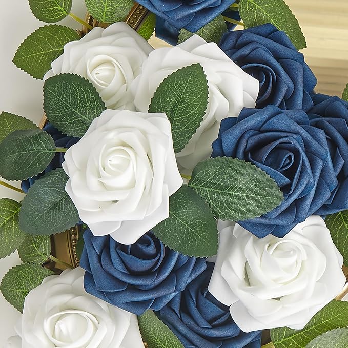 Artificial Flowers, 25pcs Blue and White Fake Flower for DIY Wedding Bouquets Centerpieces Arrangements, Artificial Rose with Stem for Party Home Decorations