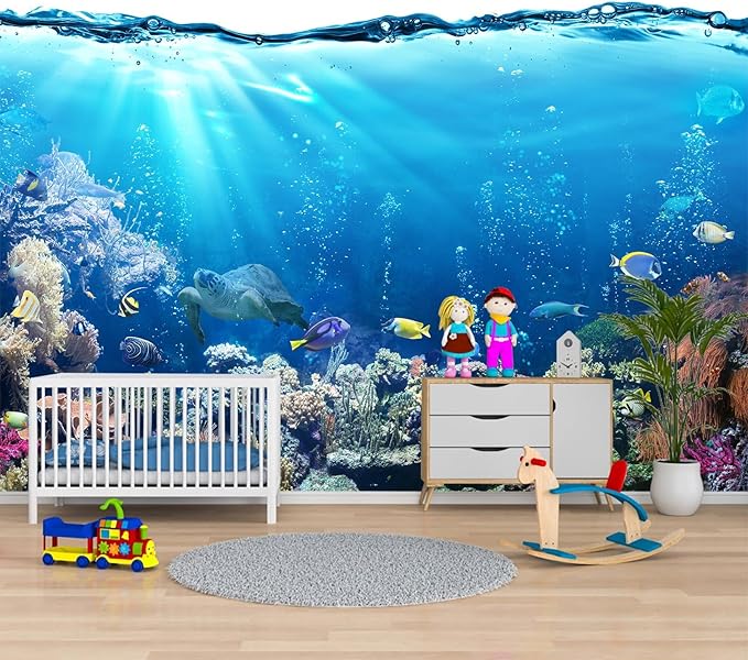 Blue Ocean Wallpaper Peel and Stick Underwater Animal World Self Adhesive Wall Mural for Kids Room Nursery 137"x100"