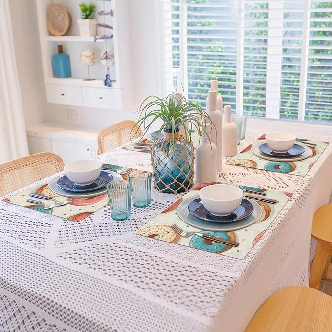 Donuts Placemats Set of 6, Washable Linen Place Mats, Food Donut Table Mats for Kitchen Dining Table Decor Heat Resistant Tablemats 12x18
