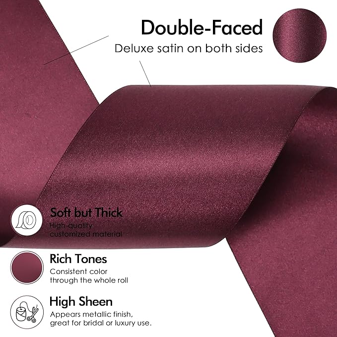 MEEDEE Burgundy Satin Ribbon Lux Double Faced Satin Ribbon 3 Inch Wide Christmas Ribbons by 10 Yards Burgundy Ribbons for Christmas Tree, Weddings, Flower Bouquet, Wreath Bow Making