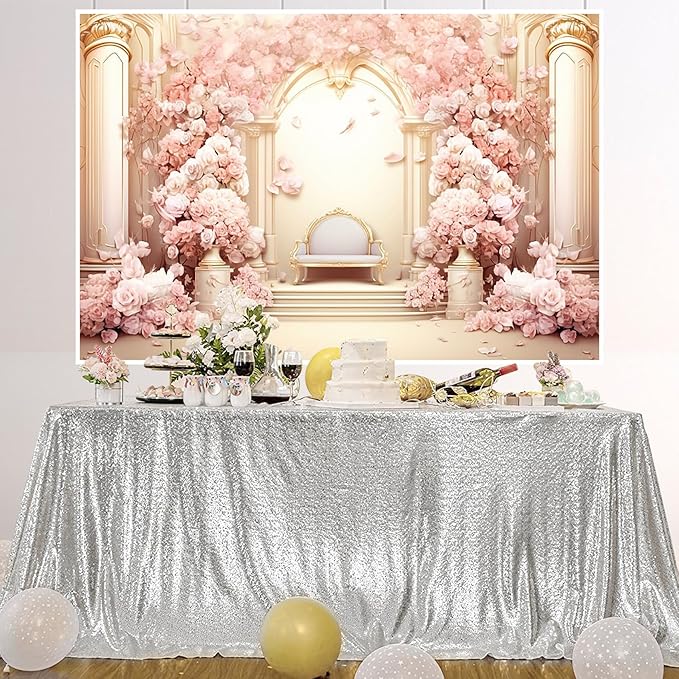 AOFOTO 12x10ft Wedding Backdrop Palace Hall Wall Spring Pink Flower Arch Background for Photography Bridal Shower Prom Decoration Banner Girl Portrait Photo Booth Backdrop