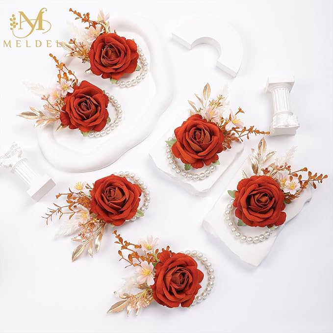 Meldel Orange Velvet Rose Wrist Corsage, Set of 6, Wedding Bridal Flower Corsage Hand Decor for Prom Party Homecoming, Wristband Flowers Bride, Bridesmaid, Girl