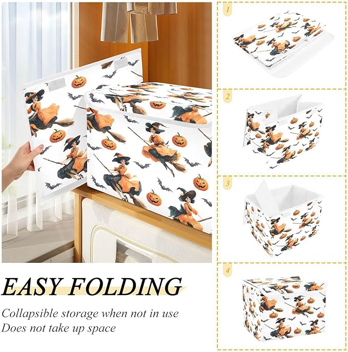 Halloween Baskets Collapsible Storage Bins with Lids, Witch Pumpkin Bat Pattern Storage Boxes Clothes Baskets for Organizing